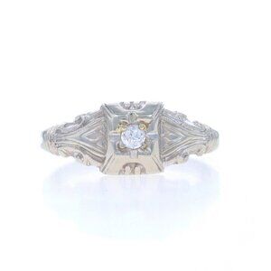 White Gold Diamond Art Deco Solitaire Engagement Ring - 18k European Vintage